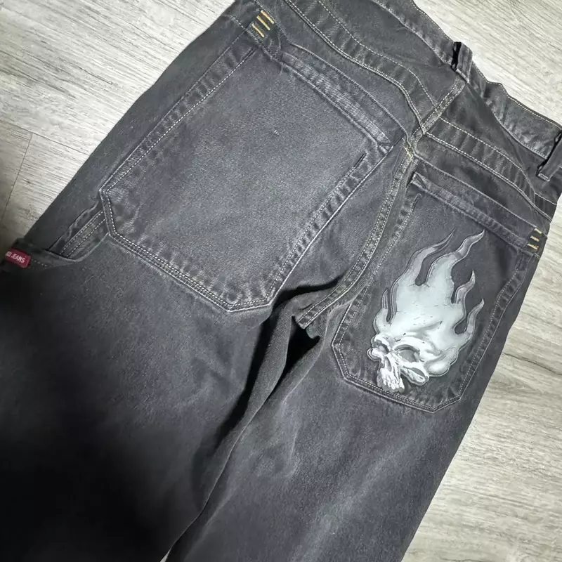 Harajuku Hip Hop Retro czaszka Streetwear JNCO Jeans Y2K męskie workowate dżinsy graficzne czarne spodnie Punk Rock gotycki spodnie z szerokimi nogawkami