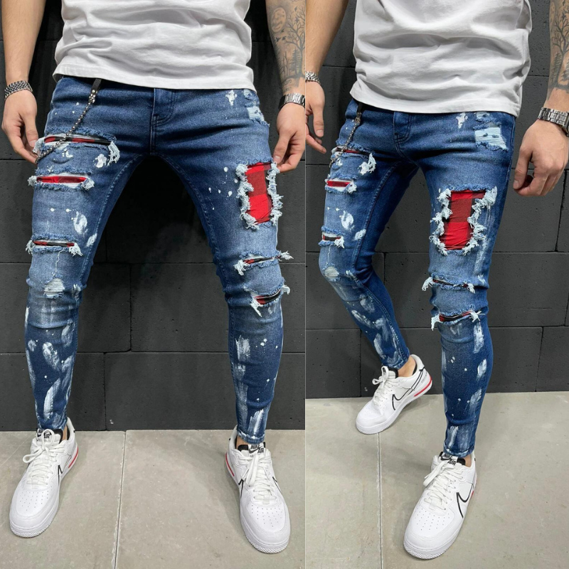 Jeans Kasual Pria Jeans Travel Patchwork Celana Pria Celana Pensil Stretch Ramping Usang Empat Musim Biru Baru Pria Kasual Pria