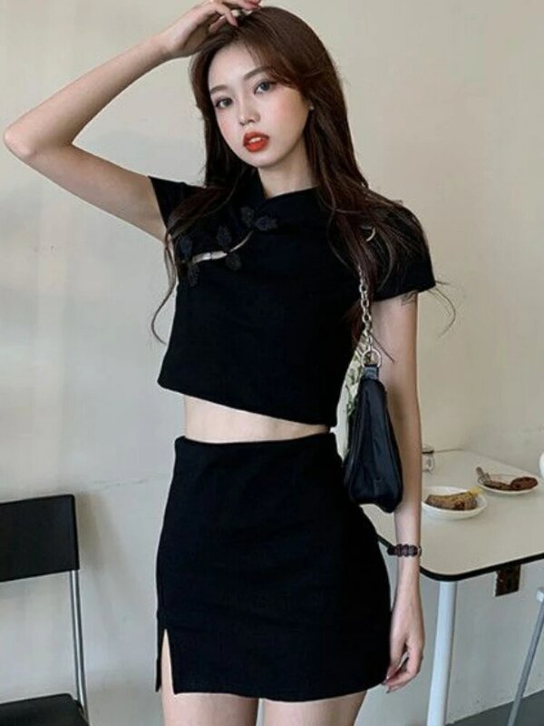Set rok kaus wanita desain antik pinggang tinggi santai manis berlubang wanita lembut elegan gaya Cina murni musim panas Mini