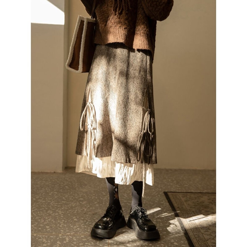 Deeptown-faldas de estética Vintage para mujer, faldas Midi con volantes de Fairycore, marrón, Patchwork elegante, dulce, Kawaii