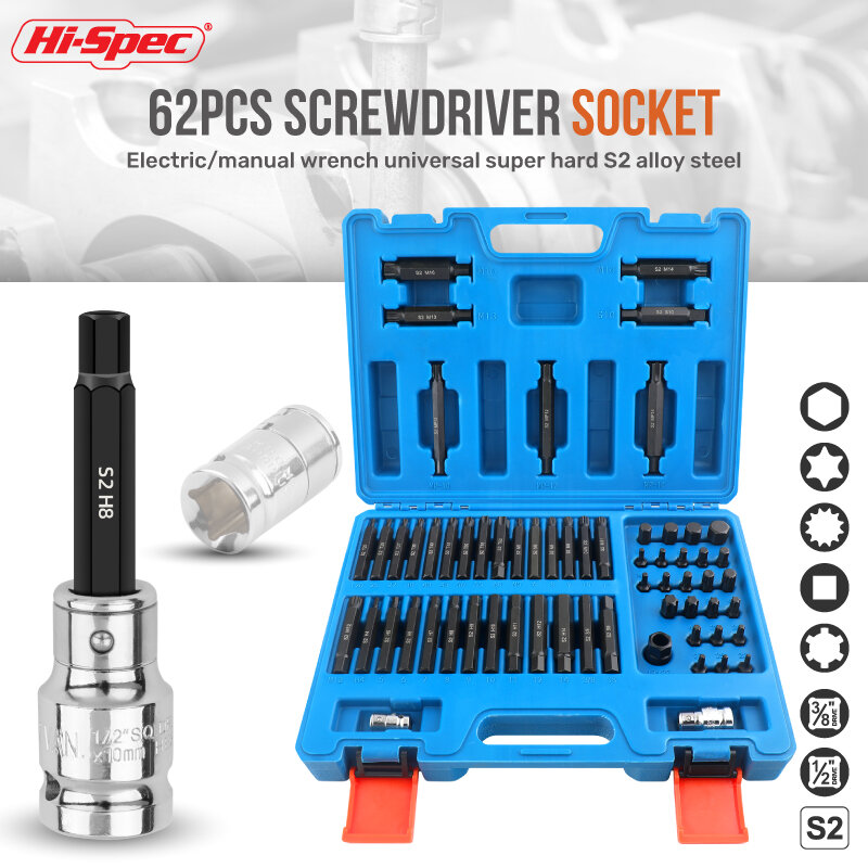 Hi-Spec 62/63 Pcs Hex Head Allen Wrench Drill Bit Set S2 Alloy Steel 1/2"&3/8" Universal Screwdriver Bit Set & Socket Hand Tool