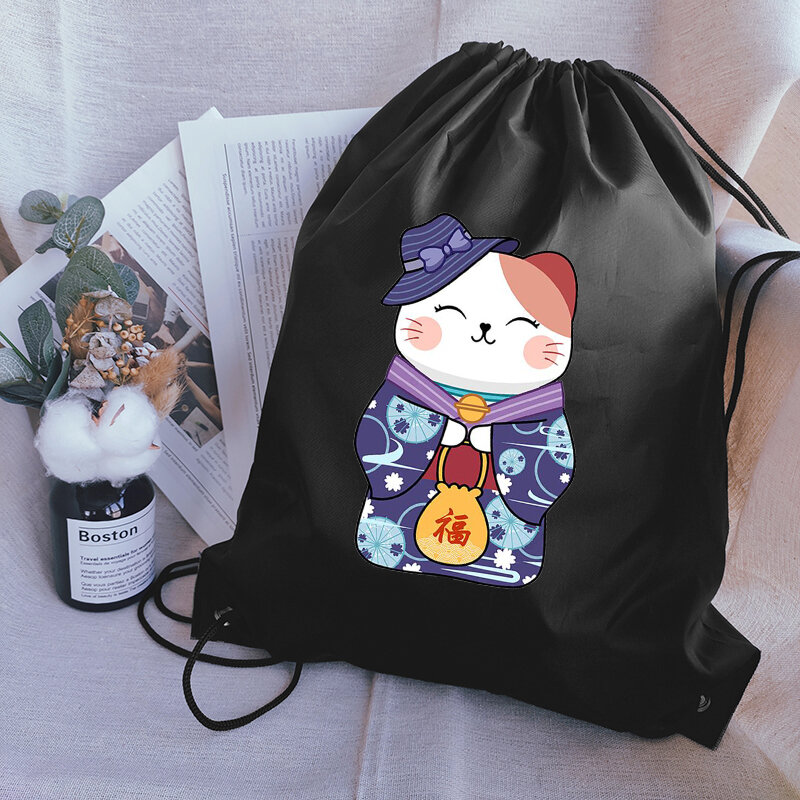 귀여운 일본 고양이 프린트 드로스트링 백팩, 두꺼운 방수 보관 가방 도매