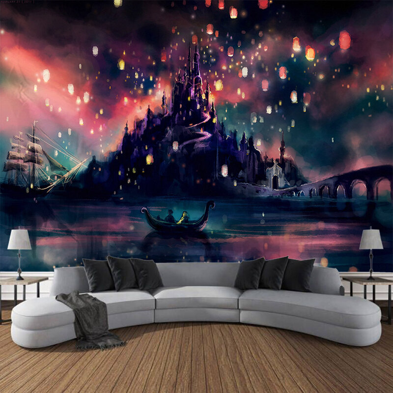 Castle art decoration tapestry, dreamy landscape printing fabric wall hanging home wall decoration, large sofa blanket