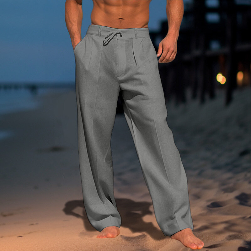 Брюки мужские пляжные хлопково-льняные, повседневные однотонные свободные прямые штаны для отдыха, на шнуровке, на весну-лето