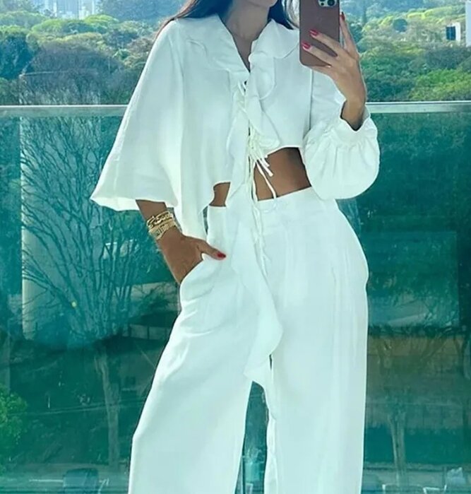 Women's Two Piece Set Lazy Style 2024 Spring New Fashion Design Irregular Ruffle Collar Ribbon Solid Color Wide Leg Pants Set