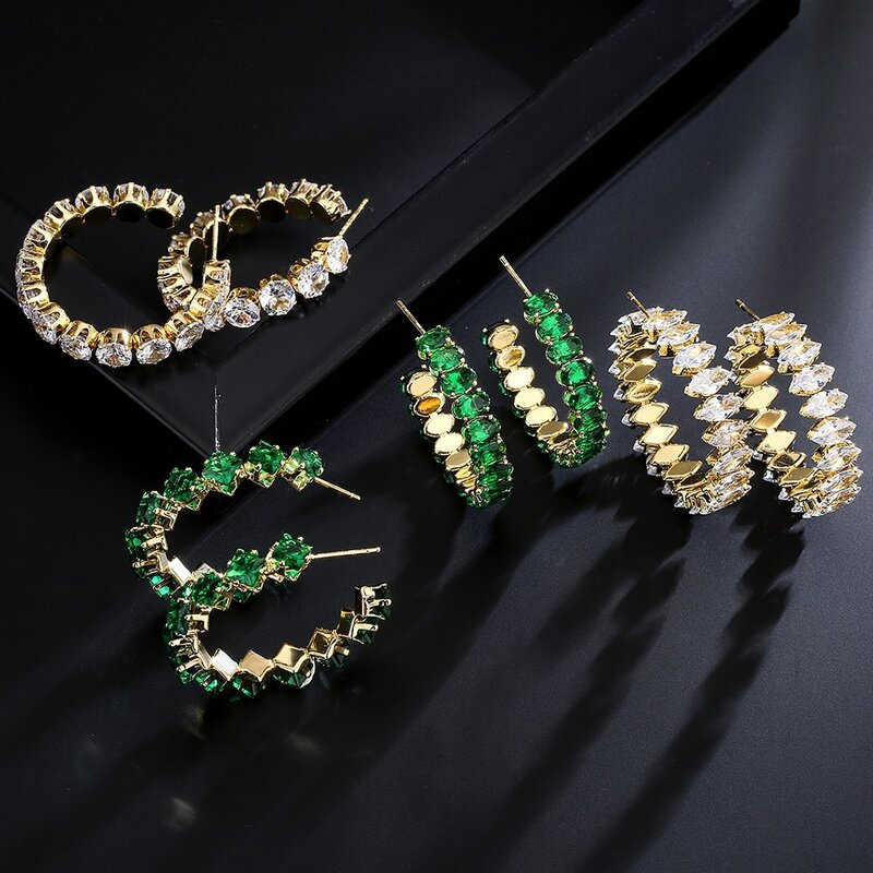 UILZ Fashion Circle Shape CZ Hoop Earrings for Women Round Green Zircon Crystal Earring Korea Party Jewelry