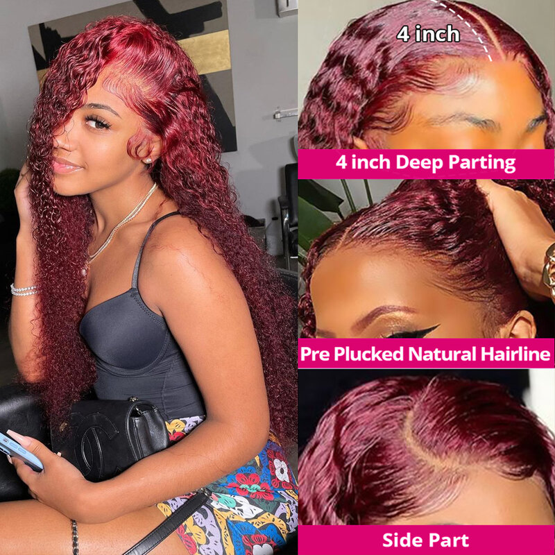 99J Kinky Curly Lace Closure Wig Burgundy 4x4 Lace Closure Human Hair Wigs With Baby Hair Pre Plucked Curly 13x4 Lace Front Wigs