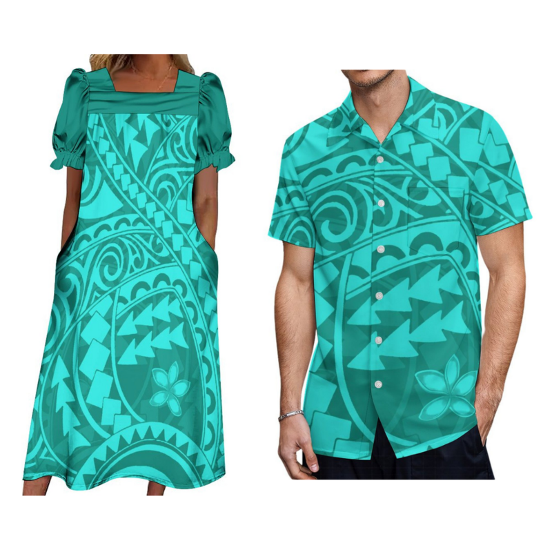 Zestaw dla par polinezyjskie damskie Mumu nowy projekt sukienka z kieszeniami koszula na co dzień męski na zamówienie plemienny projekt świąteczny zestaw dla par mężczyzn kobiet