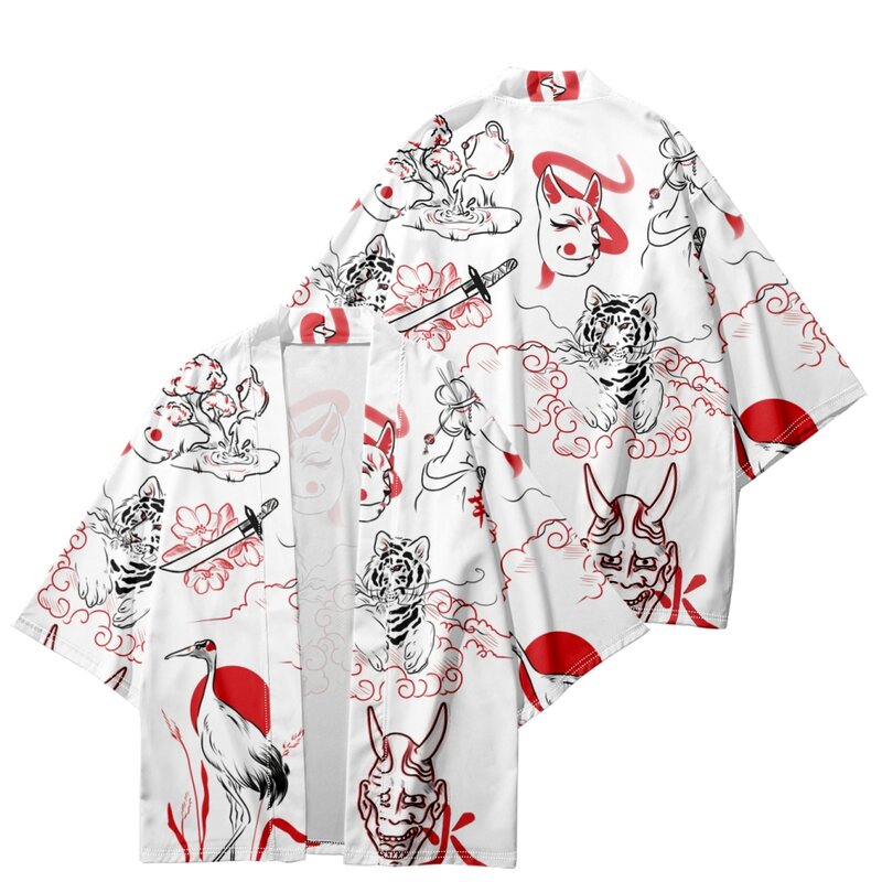 일본 전통 흰색 프린트 기모노 코스프레 가디건, 남녀공용 셔츠, 유카타 하라주쿠 하오리 아시안 의류