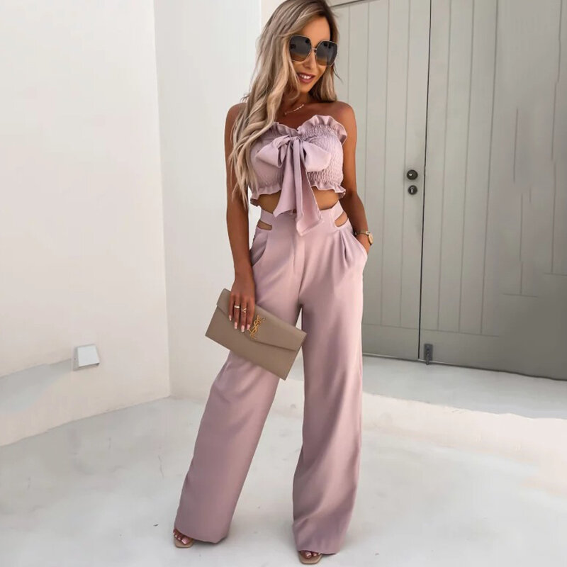 Ardm Sexy Strapless Sleeveless Ruffle White Summer Two Piece Set Women Straight Pants Hollow Out Backless Lace Up Party Trousers