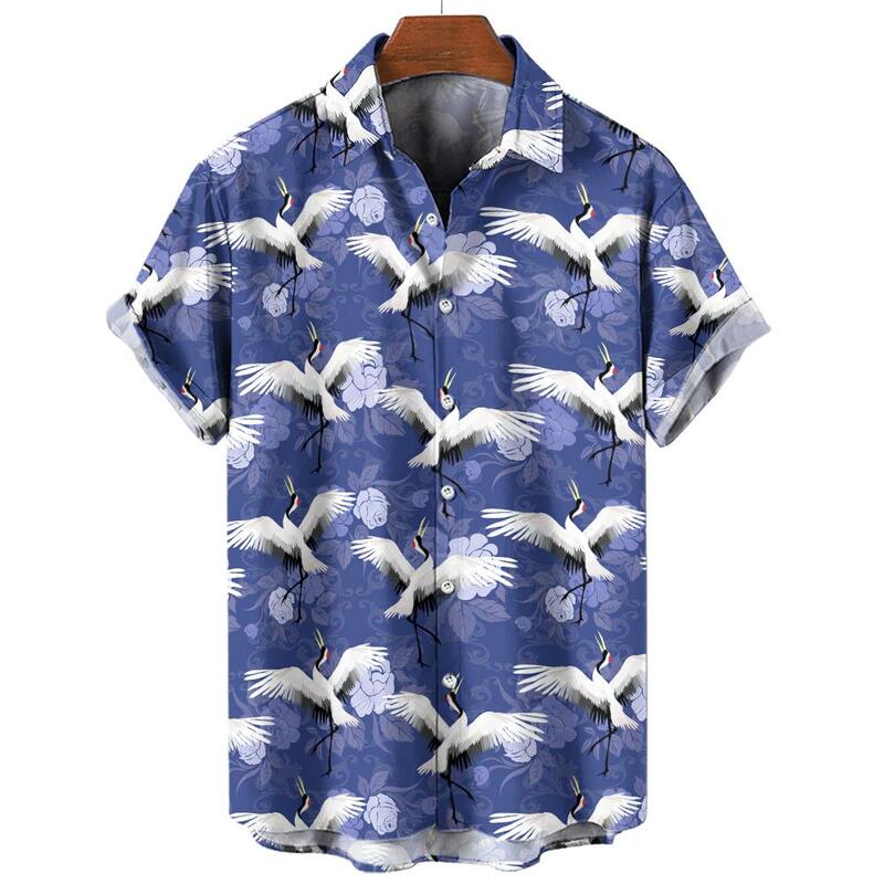 남성용 하와이안 셔츠, 단추 라펠 반팔 셔츠, 3D 동물 중국 크레인 인쇄 블라우스, 여름 패션 남성 의류
