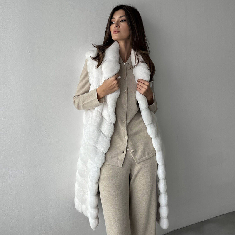 Chaleco largo de piel de conejo para mujer, chaqueta blanca de invierno, 2024