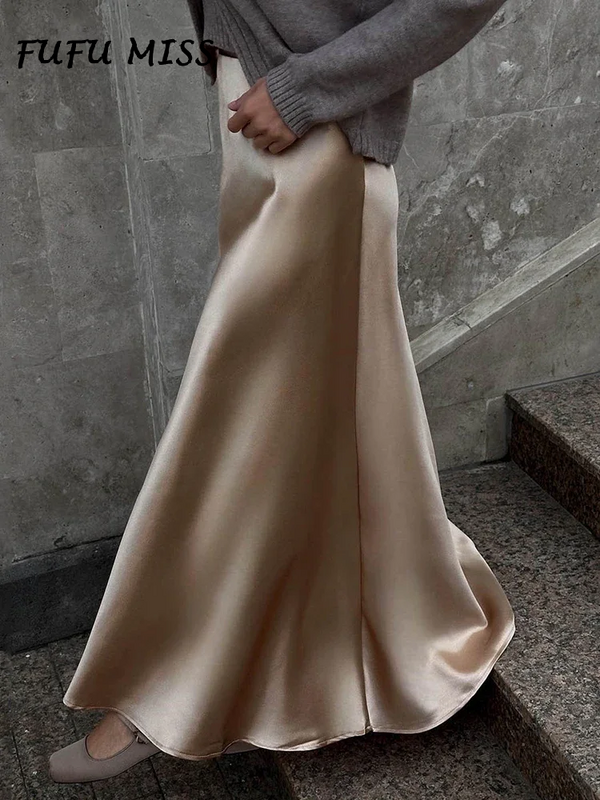 Элегантные атласные свободные макси-юбки для женщин, эластичная юбка трапециевидной формы с высокой талией, Женская Офисная модная юбка в стиле High Street