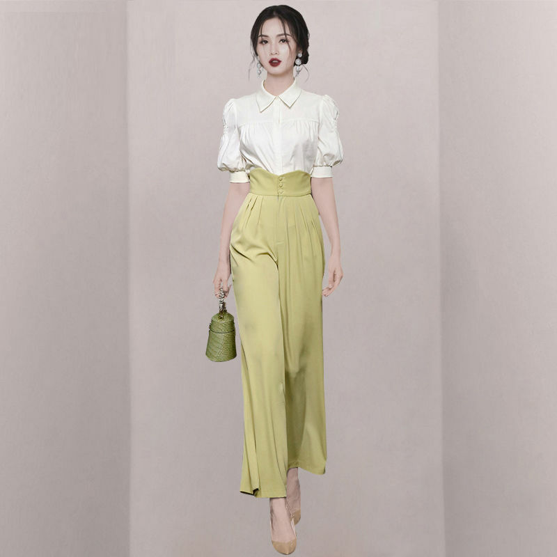 Coreano popular bolha manga chiffon camisa larga perna cinta calças de duas peças conjunto elegante calças femininas conjunto de roupas de escritório
