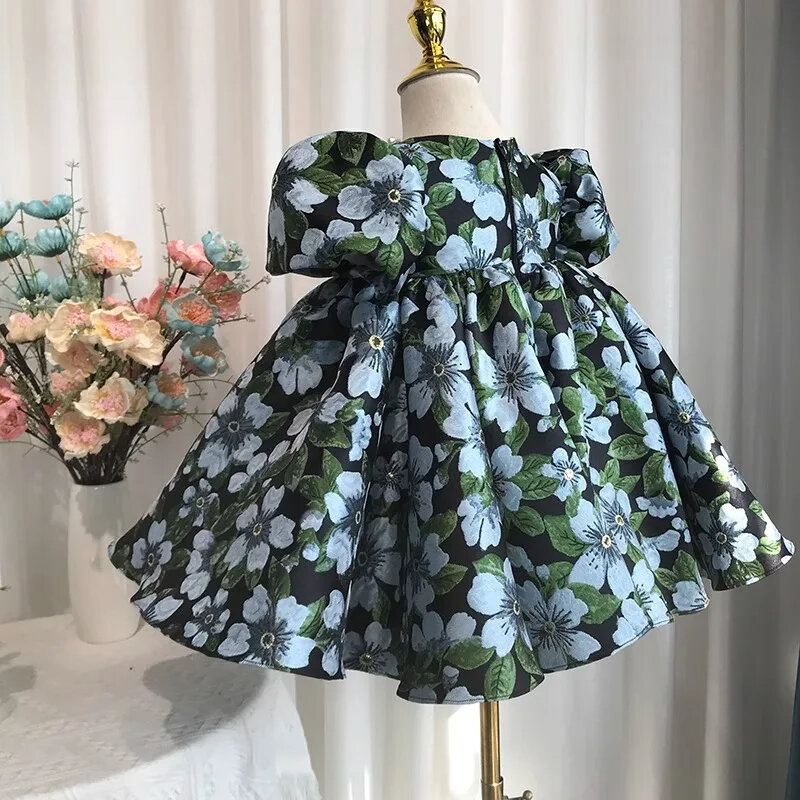 Luxury Printed Girl's party Bow Bubble Sleeves Princess Dress Satin Fluffy Dress Pearl Carnival Dress Birthday Performance 1-6