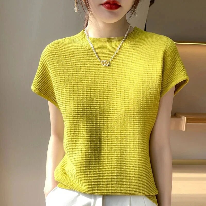Kaus wanita rajut lengan pendek, atasan Sweater rajut serbaguna warna polos tipis lengan pendek musim panas dan semi