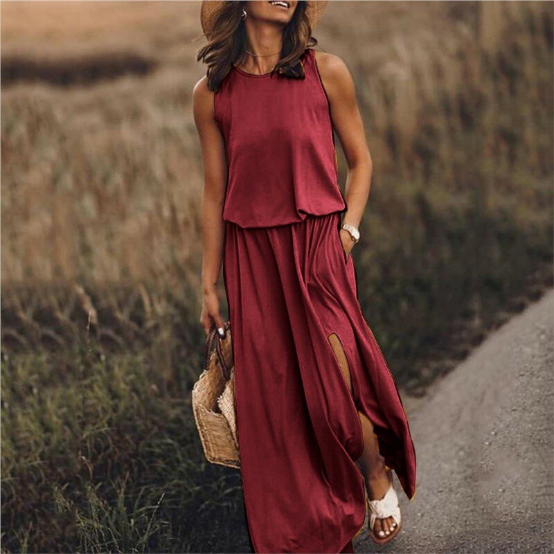Gaun wanita tanpa lengan leher bulat, rok panjang kasual warna polos potongan pendek musim panas