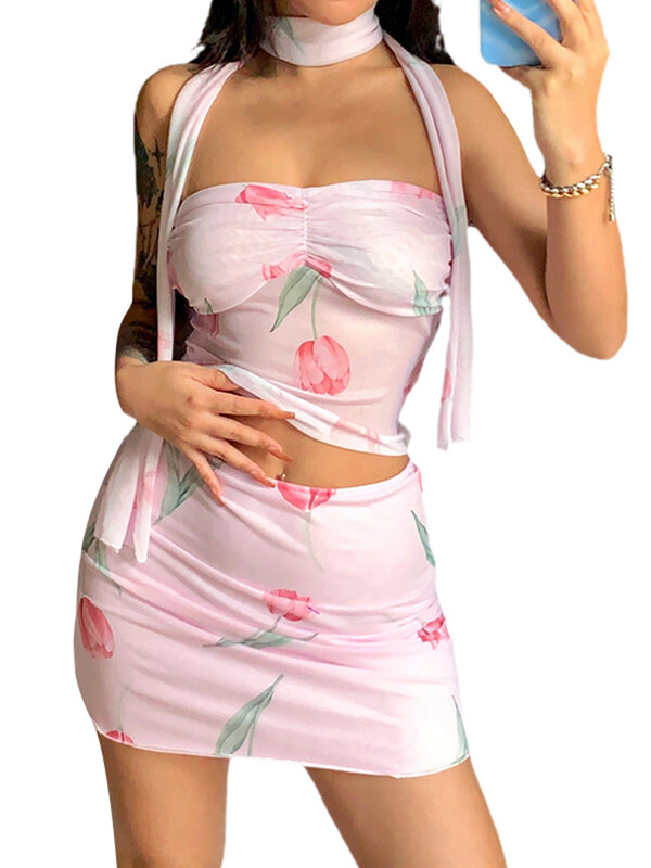 Wanita s Boho bunga cetak 3 potong Set Sheer Mesh Crop Top Ruched rok Mini dan syal yang cocok