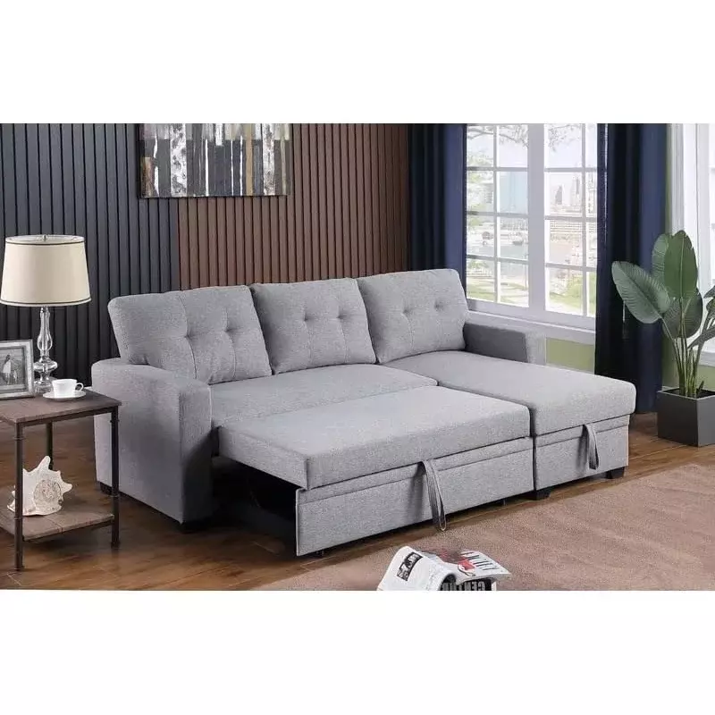 Deion Furniture Sofa bagian tidur reversibel kontemporer dengan kursi penyimpanan kain abu-abu muda