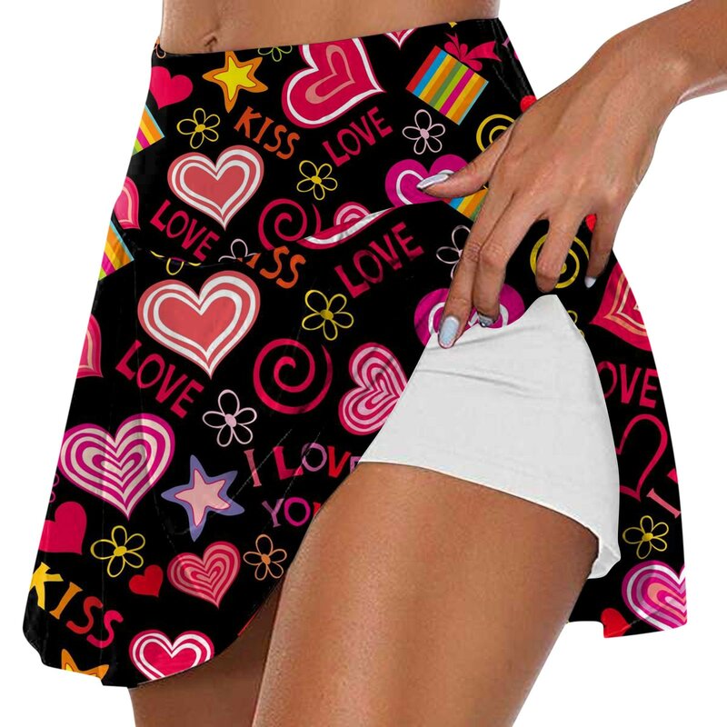 Women'S Fashion Valentine'S Day Printed Casual Sports Fitness Running Yoga Tennis Skirt Pleated Short Skirt Ropa Mujer