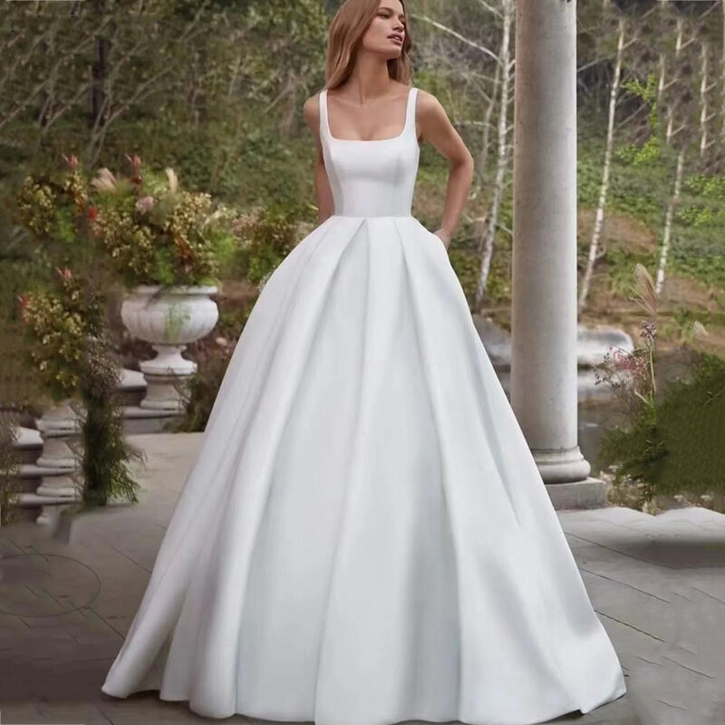 Gaun pernikahan wanita leher persegi terbaru gaun panjang jubah buatan khusus Bohemian permukaan Satin tanpa lengan gaun pengantin wanita