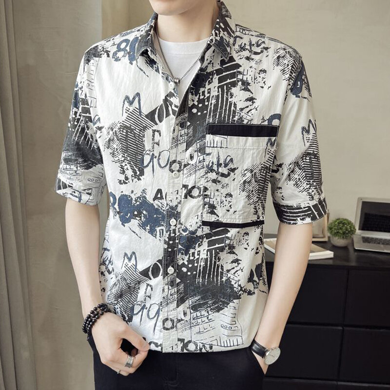 Camisa masculina de bolsos com botão de lapela impresso vintage, tops coreanos grandes, camisas casuais, roupas de combinação, verão, novo, 2024
