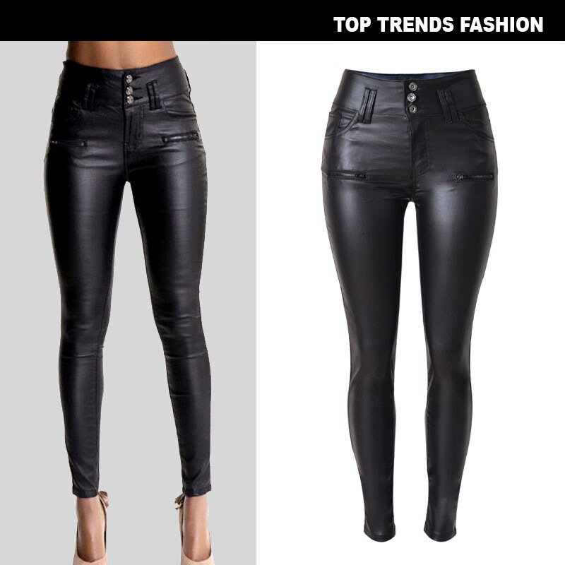 Women's Pants High Waisted 3 Button Slim Faux Leather Pants and Small Leg PU Women Pants