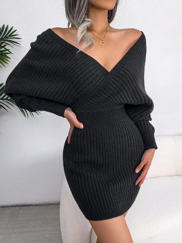 New autumn and winter sexy cross V-neck bat sleeve hip dress solid color fashion elegant female wool dress