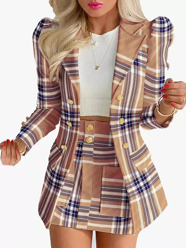 2023 autumn and winter women's new fashion suit temperament plaid printed casual skirt suit two-piece set