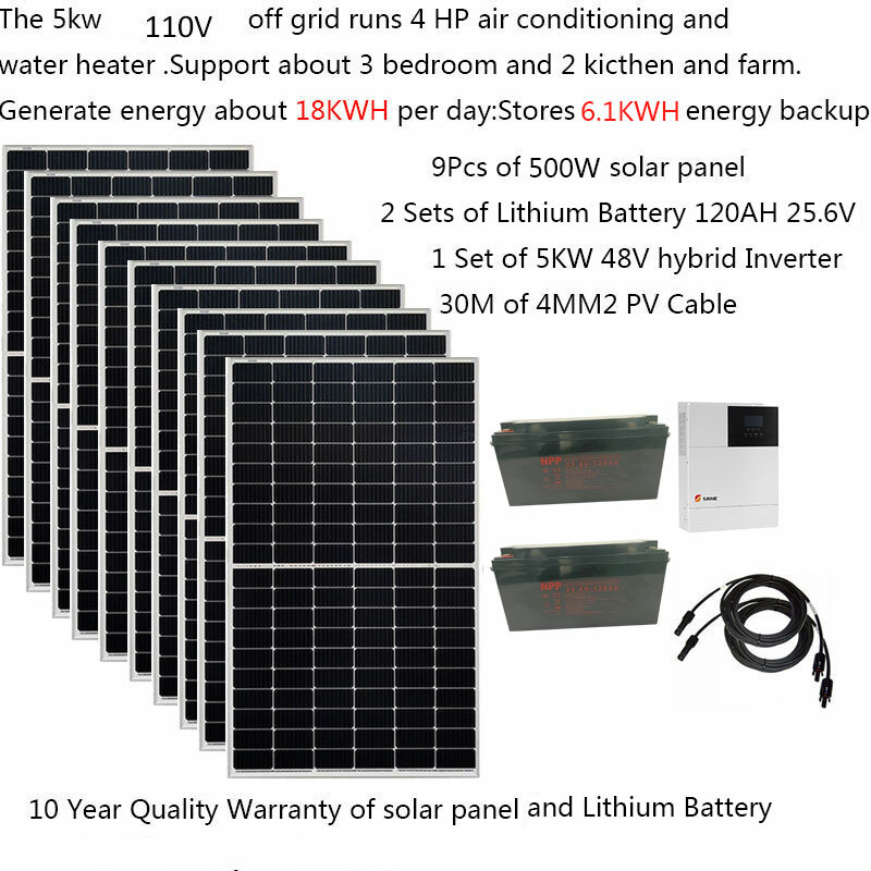 Kit Solar Completo 5KW 5000W 220V 110V Bateria de Lítio LiFePO4 120AH UPS Inversor Híbrido Mount Stand Off Grid System Casa