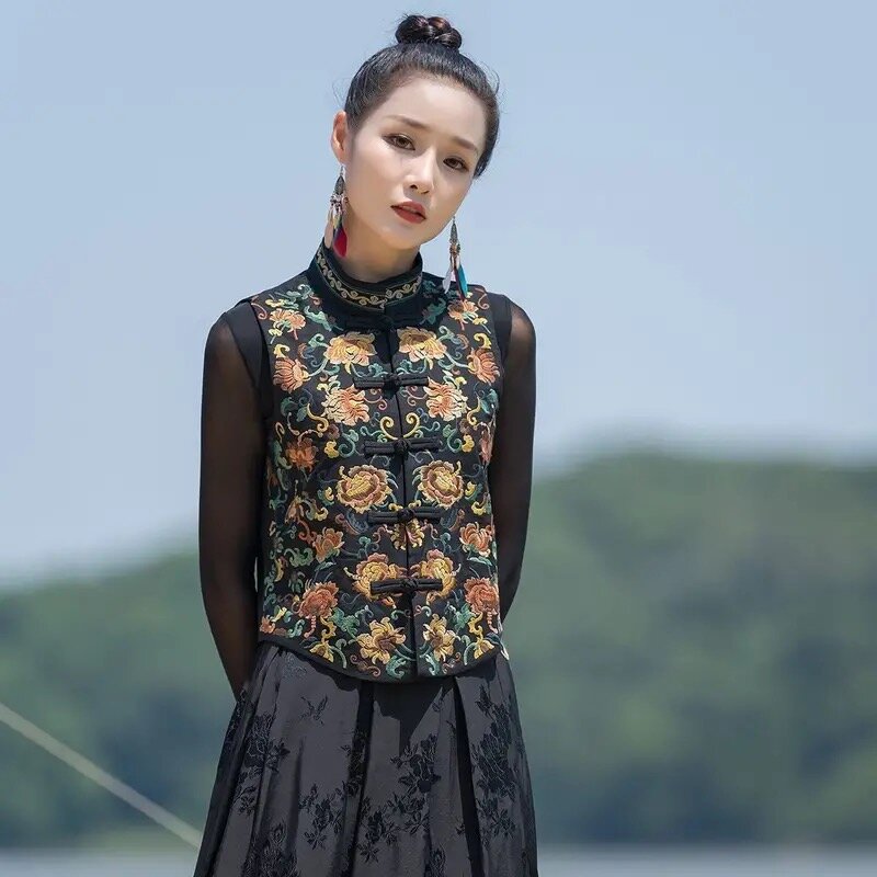 2024 chinese vintage vest national flower embroidery satin jacquard ethnic waistcoat retro sleeveless jacket vest