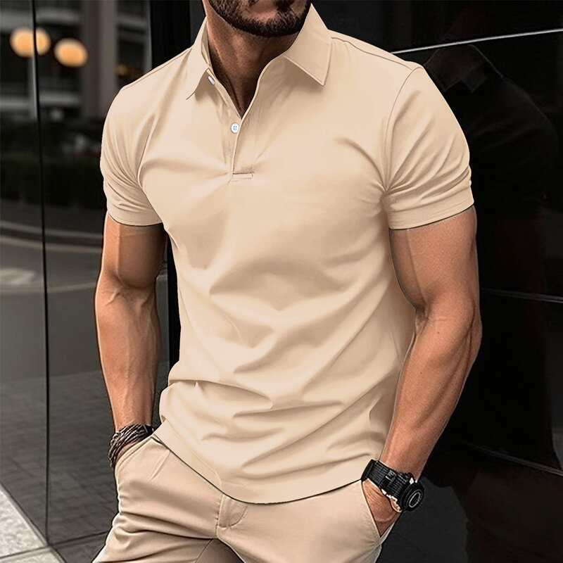 Camisa polo elástica de manga curta masculina, top respirável, lapela comercial, desgaste de rua, best-seller, novo, 2024