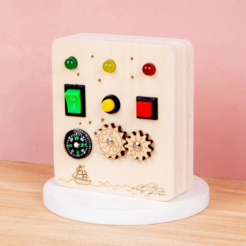 Placa de controle de bússola de madeira para crianças, brinquedos montessori, jogos educativos sensoriais, luz LED, durável, ocupado, 2-4 Y