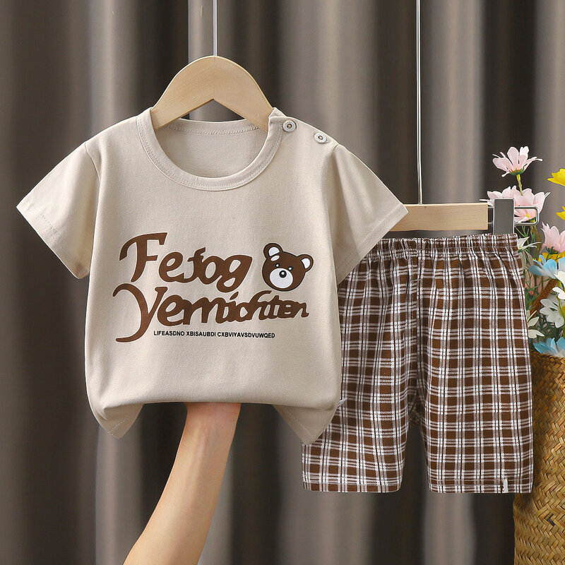 Conjunto infantil de t-shirt e shorts de verão, algodão, calças, lazer, roupas de bebê, casual, meninas, meninos, 2 peças