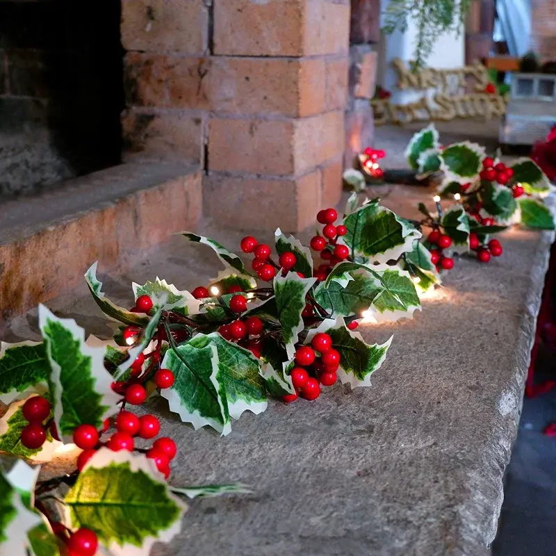 2メートルのクリスマス花輪光人工赤ベリーホリー葉アイビーつる籐花輪クリスマスツリーのオーナメントホームデコレーション