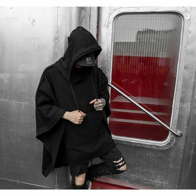 Techtech- sweatcom capuz grande, casaco trench masculino, preto, trench, punk, moda de rua japonesa, hip hop, coat