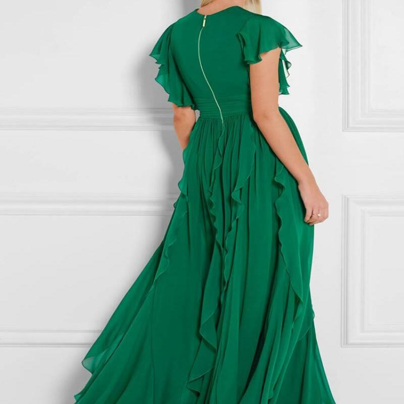 Элегантная Женская длинная юбка, новинка 2024, однотонное шифоновое платье с V-образным вырезом и коротким рукавом, длинное приталенное платье для ведущей подиума