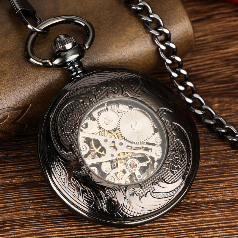 Do homens numerais romanos manual relógio de bolso mecânico, engrenagens pretas, design oco, corrente pingente, azul Royal, relógio Vintage