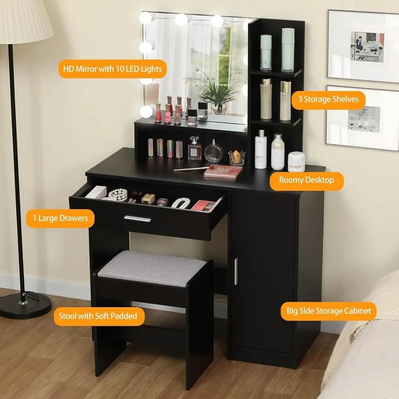 Vanity Desk Set con 1 cassetto, 1 armadio e 3 ripiani, tavolo da trucco con sgabello per camera da letto, 3 modalità di illuminazione e luminosità, nero