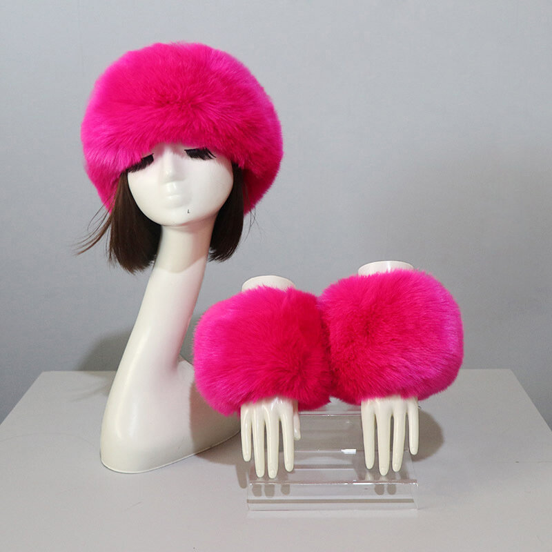 Conjunto de sombreros y puños para mujer, gorro de piel sintética con diseño de calidad de imitación, cálido, moda, otoño e invierno, novedad