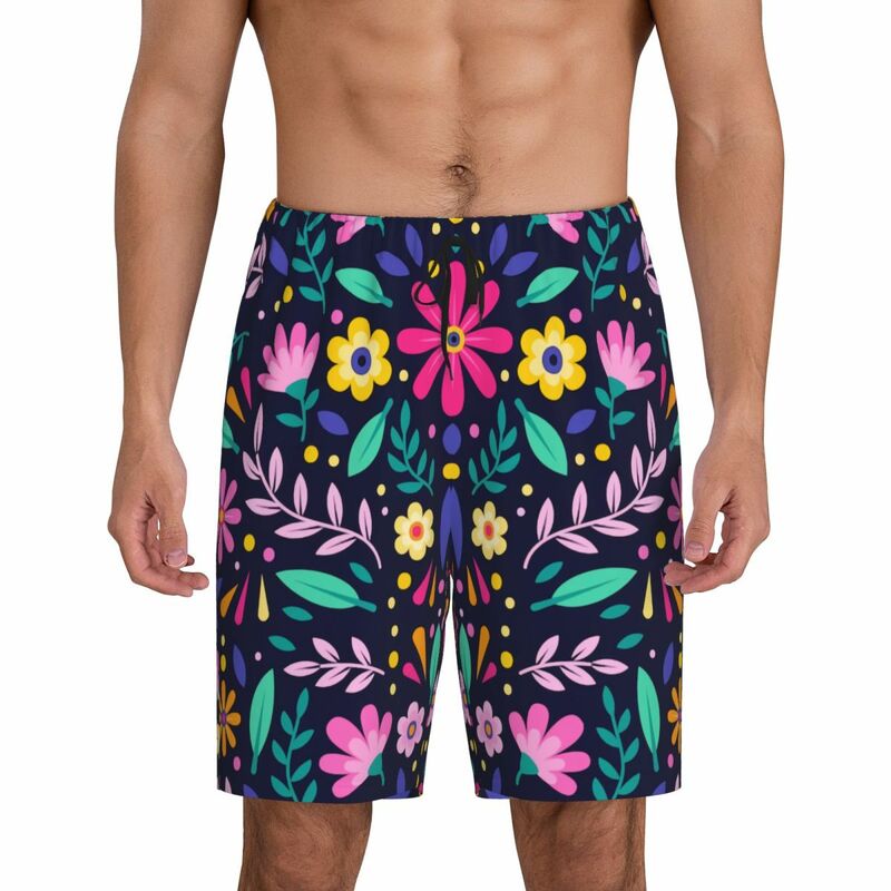 Custom Printed Mexican Flowers Otomi Art Pattern Pajama Shorts for Men Sleepwear Bottoms Sleep Short Pjs with Pockets