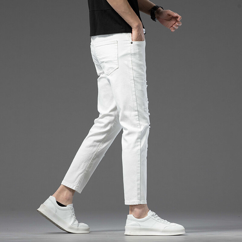 Stretch Slim-Fit Jeans Voor Heren Casual Klassieke Mode Elastische Katoenen Spijkerbroek Heren Puur Witte Cowboybroek