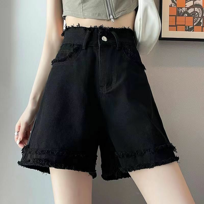 Womens Black Denim Shorts with Pockets Female High Waist A Line Short Pants for Women Summer Jean Shorts in White