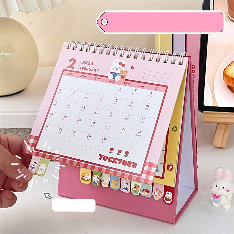 Calendario de escritorio Kawaii de dibujos animados, Mini cuaderno de escritorio con espiral, planificador diario, Bloc de notas de escritorio, 2024