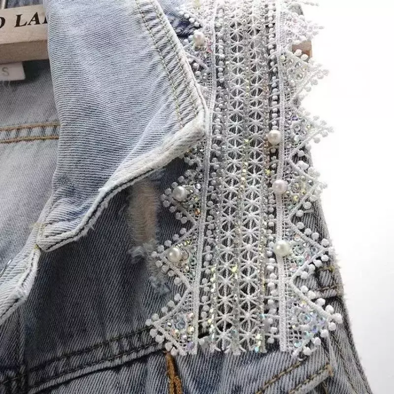 Colete jeans feminino com renda, jaqueta sem mangas, colete vintage solto, cardigã da moda, cardigã de maré, novo, primavera, 2024