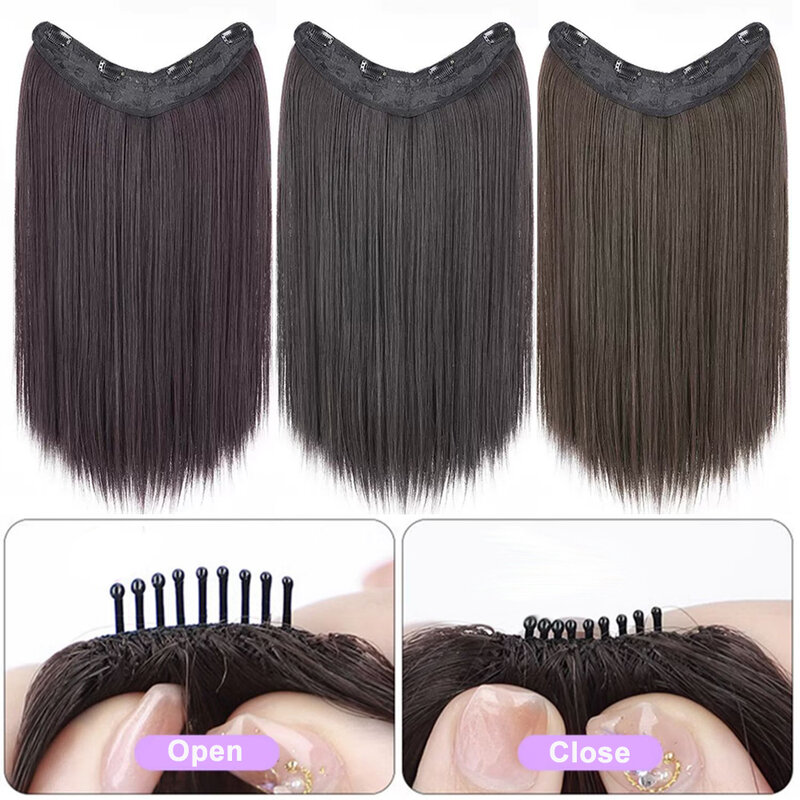 ALXNAN HAIR-Extensões sintéticas em forma de V, alta resistência, fibra de temperatura, preto, peruca castanha, 50cm