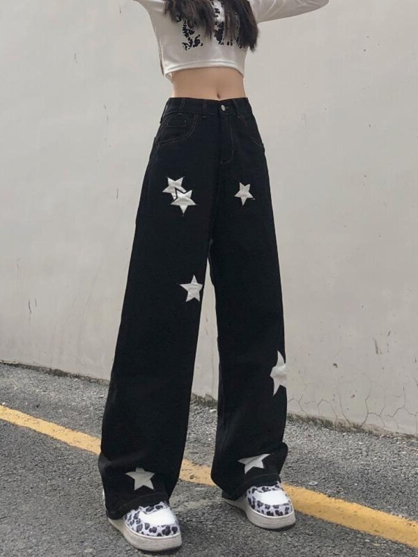 Celana Jeans Kargo Hitam Streetwear Retro HOUZHOU Y2K Celana Panjang Musim Gugur Wanita Gambar Cetak Kpop Antik Punk Gotik
