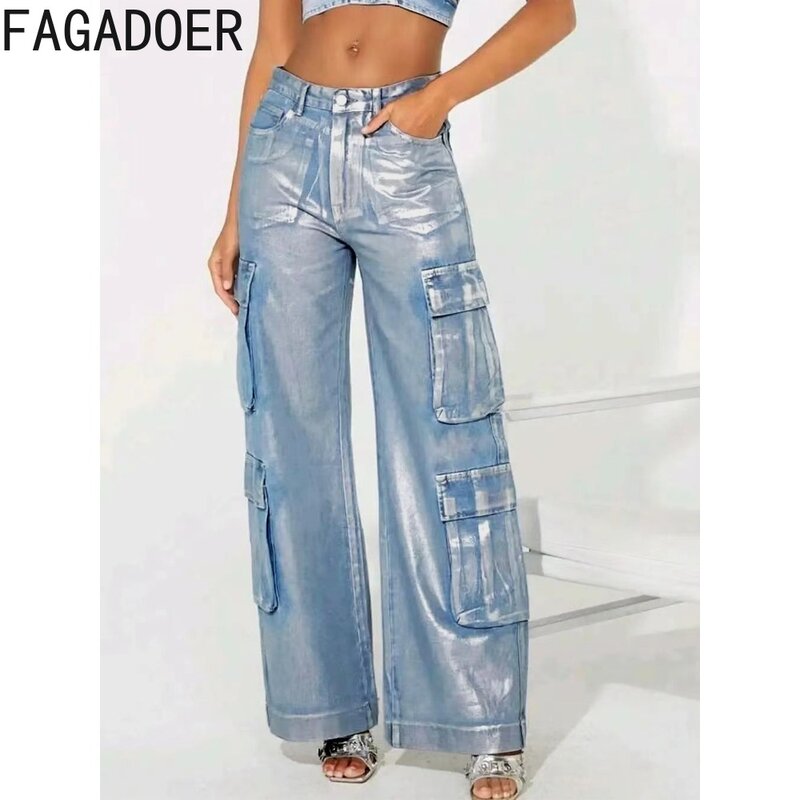 Fagadoer Mode funkelnde Tasche Cargo hose Frauen hoch taillierte Knopf gerade Hosen weibliche einfarbige passende Hose