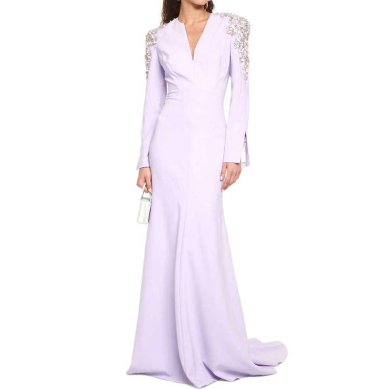 Damen Langarm V-Ausschnitt Satin Abendkleider mit Schulter Blumen Perlen elegante formelle Anlass Kleider Party Geburtstag dre