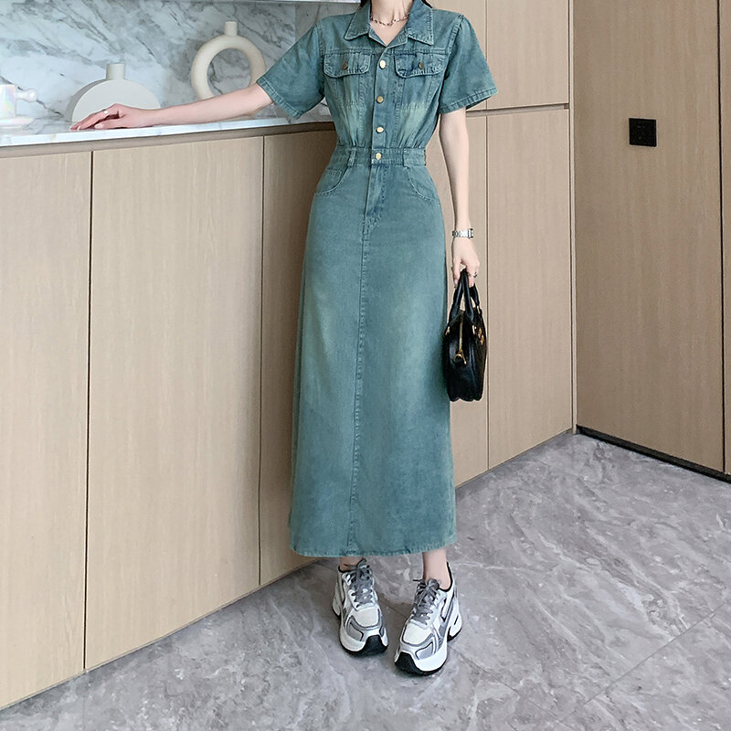 Женское джинсовое платье с отложным воротником, элегантное тонкое платье с короткими рукавами, длинная юбка с разрезом на талии в стиле ретро, лето 2024